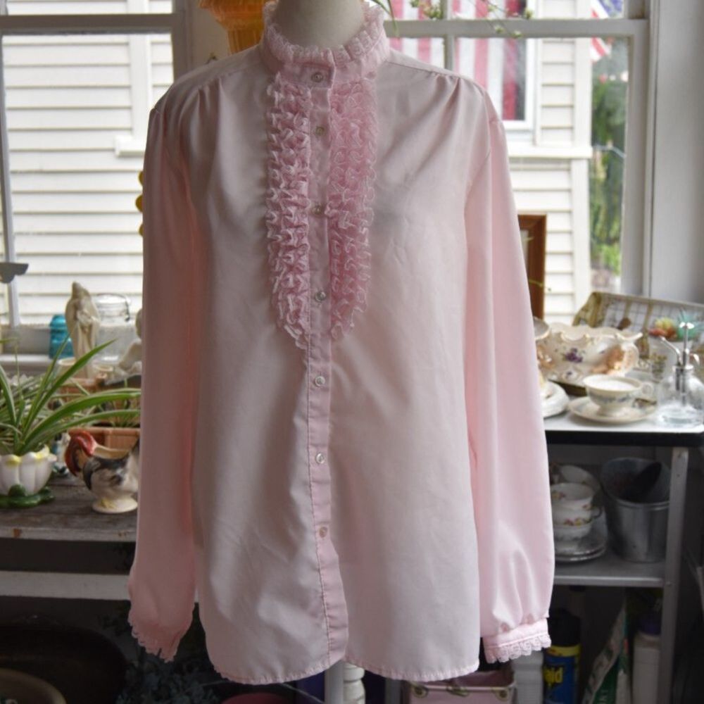 Vintage 70s Rhapsody Pink Lace Ruffle Blouse Victorian Prairie XL